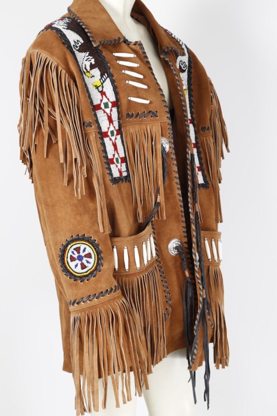 Vintage Cognac Suede Leather Fringed Western Jacket Beaded Bone Hairpipe Size L